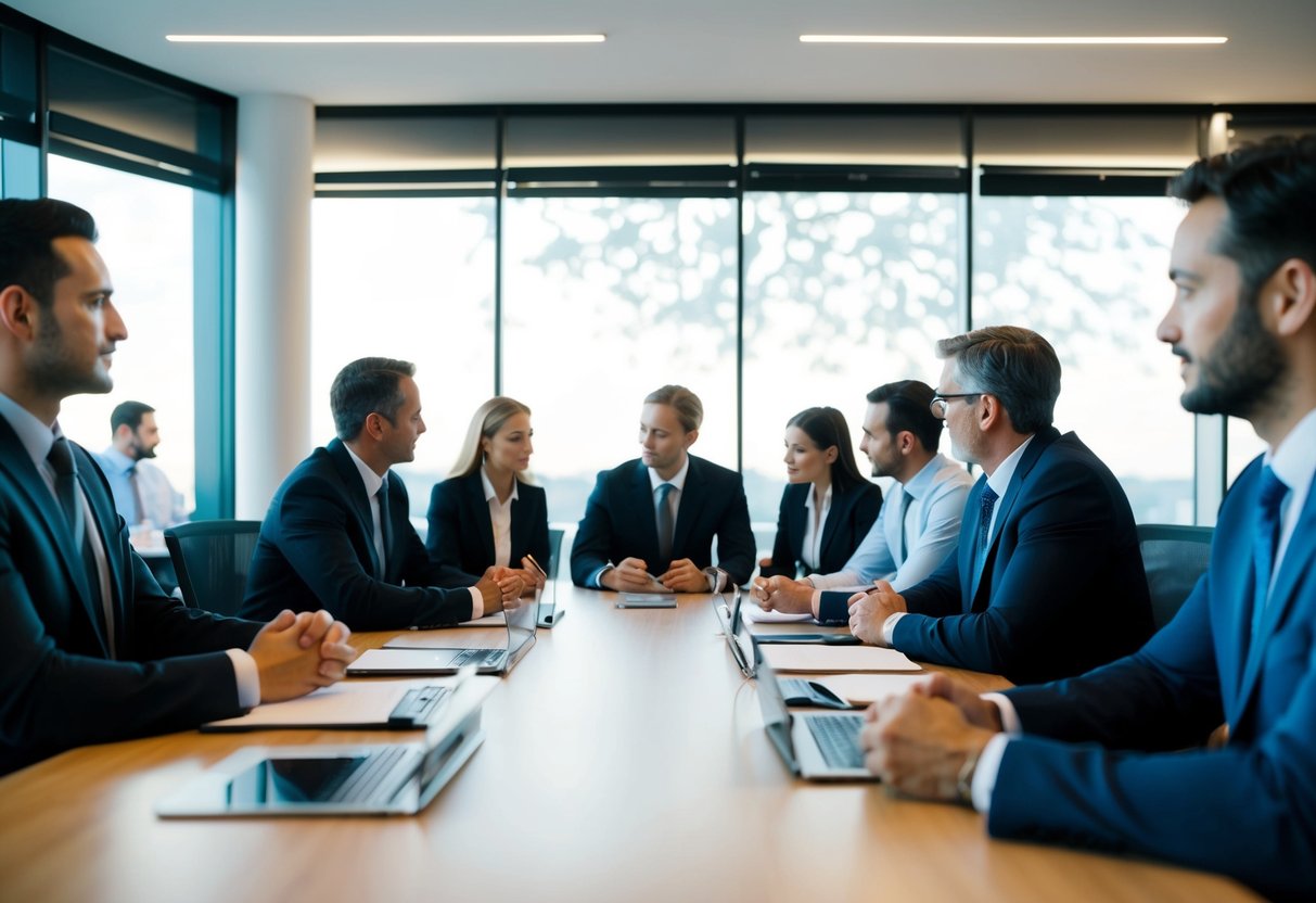 Une salle de réunion avec des représentants de diverses entreprises discutant et collaborant sur des partenariats stratégiques.