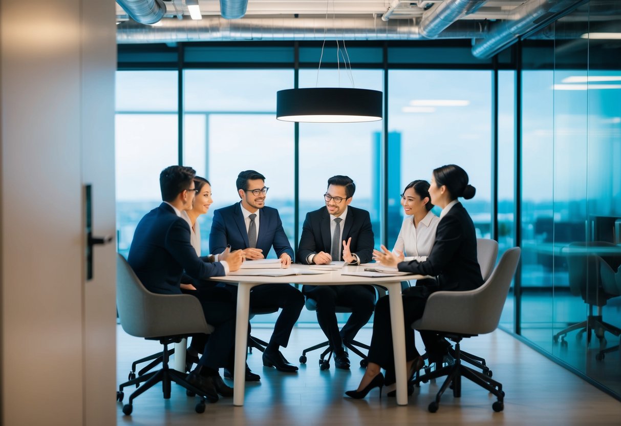 Un groupe de professionnels collaborant autour d'une table, discutant et travaillant sur des projets UniHA dans un cadre de bureau moderne.