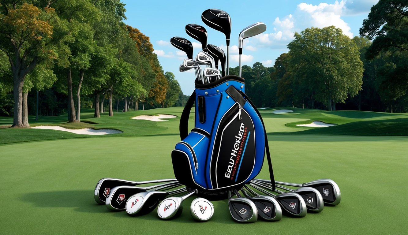 Beau Hossler's golf bag with various clubs laid out on a lush, well-maintained golf course