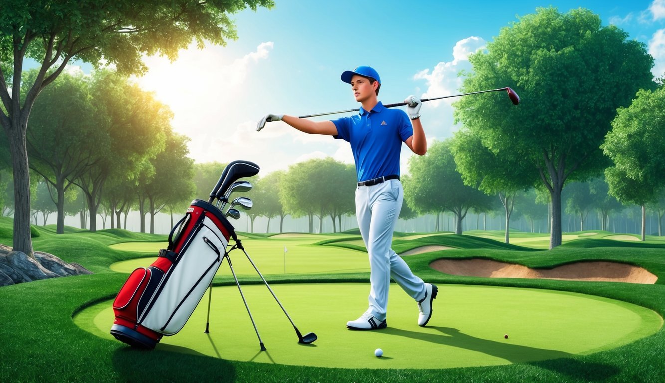 A young Beau Hossler practices golf, using a set of clubs on a lush, sunlit driving range