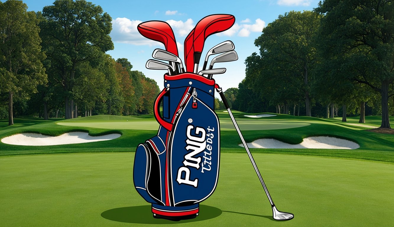 Beau Hossler's golf bag with Titleist and Ping clubs on a well-manicured golf course