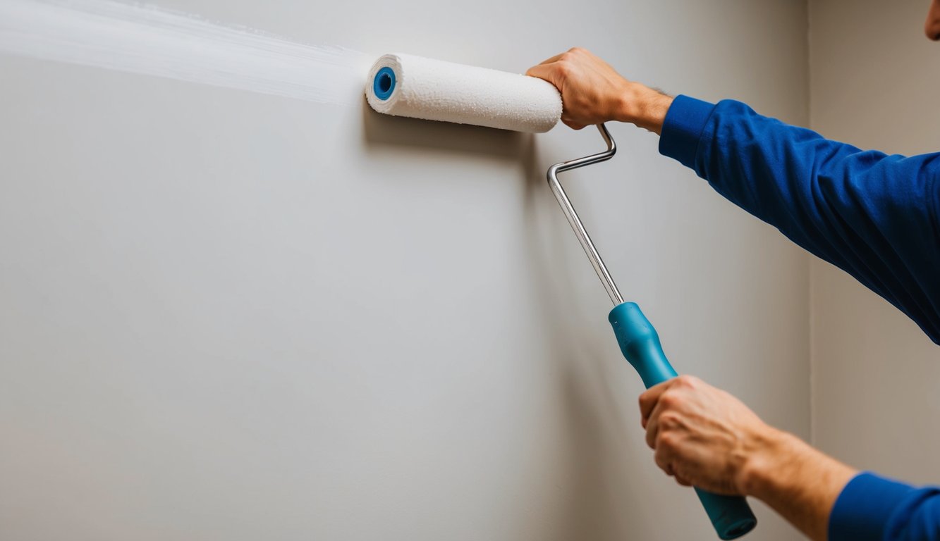 A person is applying epoxy wall paint, using a roller on a clean, primed wall. The paint is being evenly spread in smooth, horizontal strokes