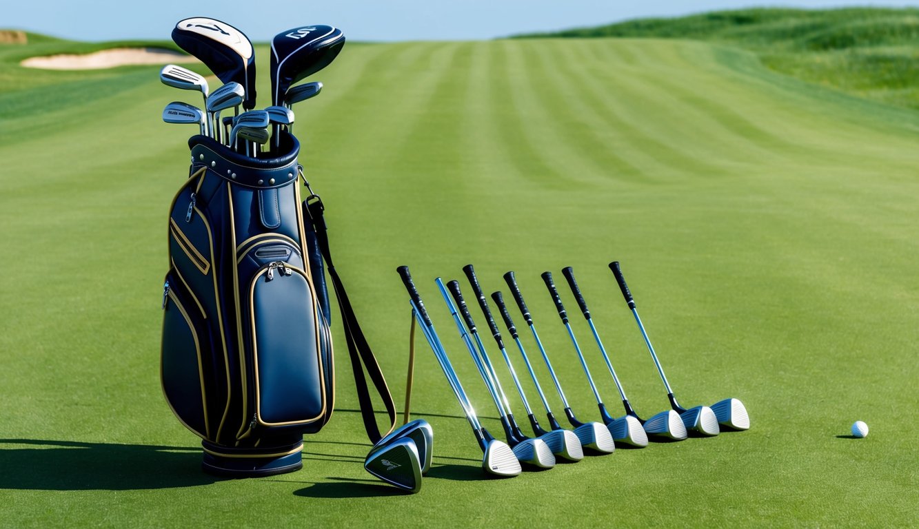 Patton Kizzire's golf bag with a variety of clubs arranged neatly on a green fairway