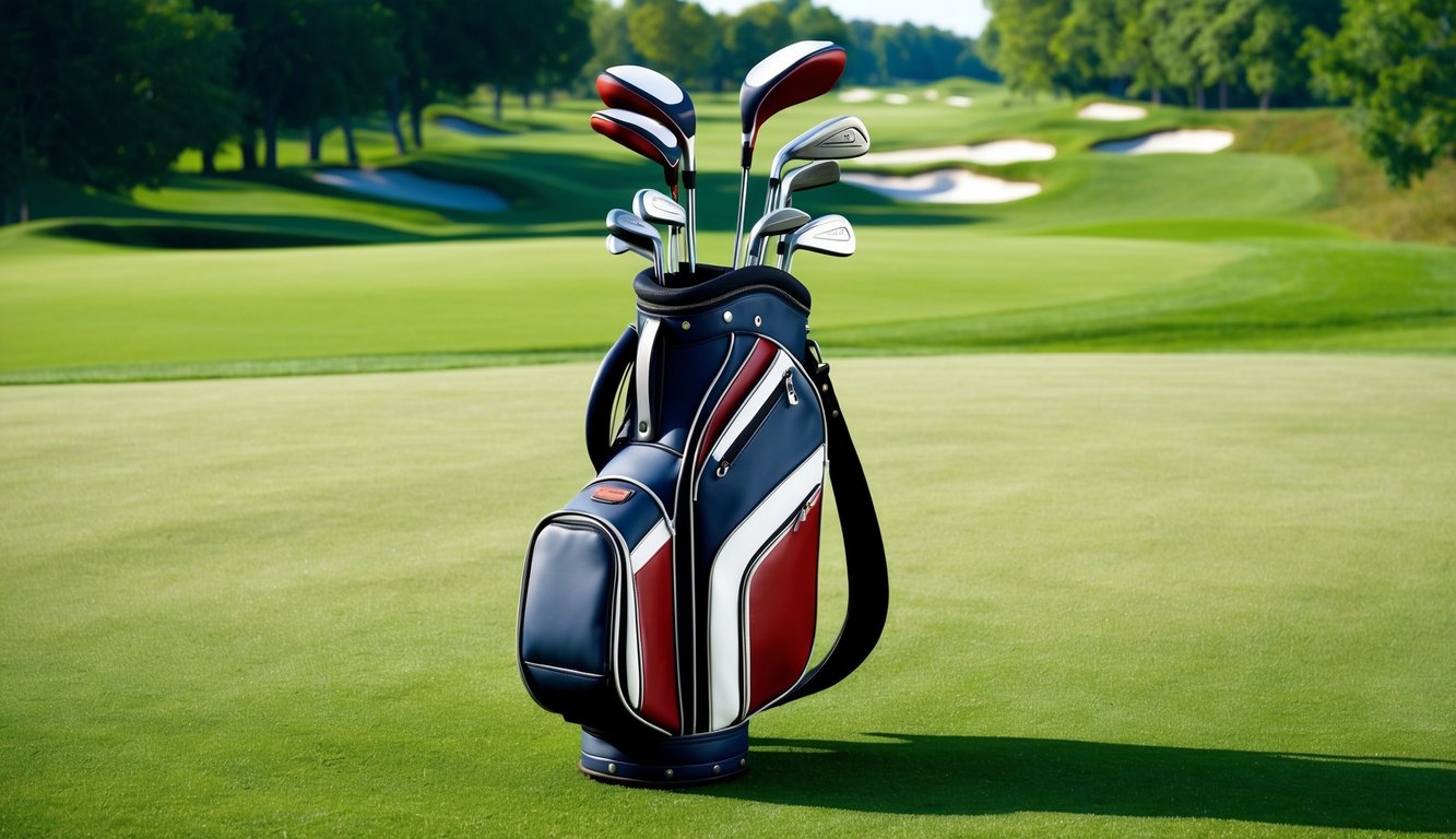 A golf bag with various clubs neatly arranged on a lush green course