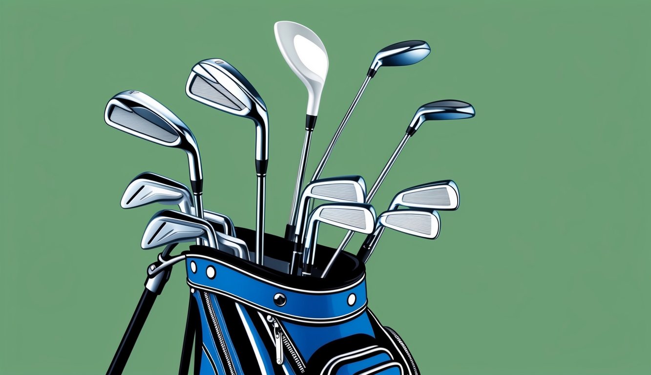 A golf bag stands open, revealing a set of shiny, well-maintained golf clubs, including a driver, irons, wedges, and a putter