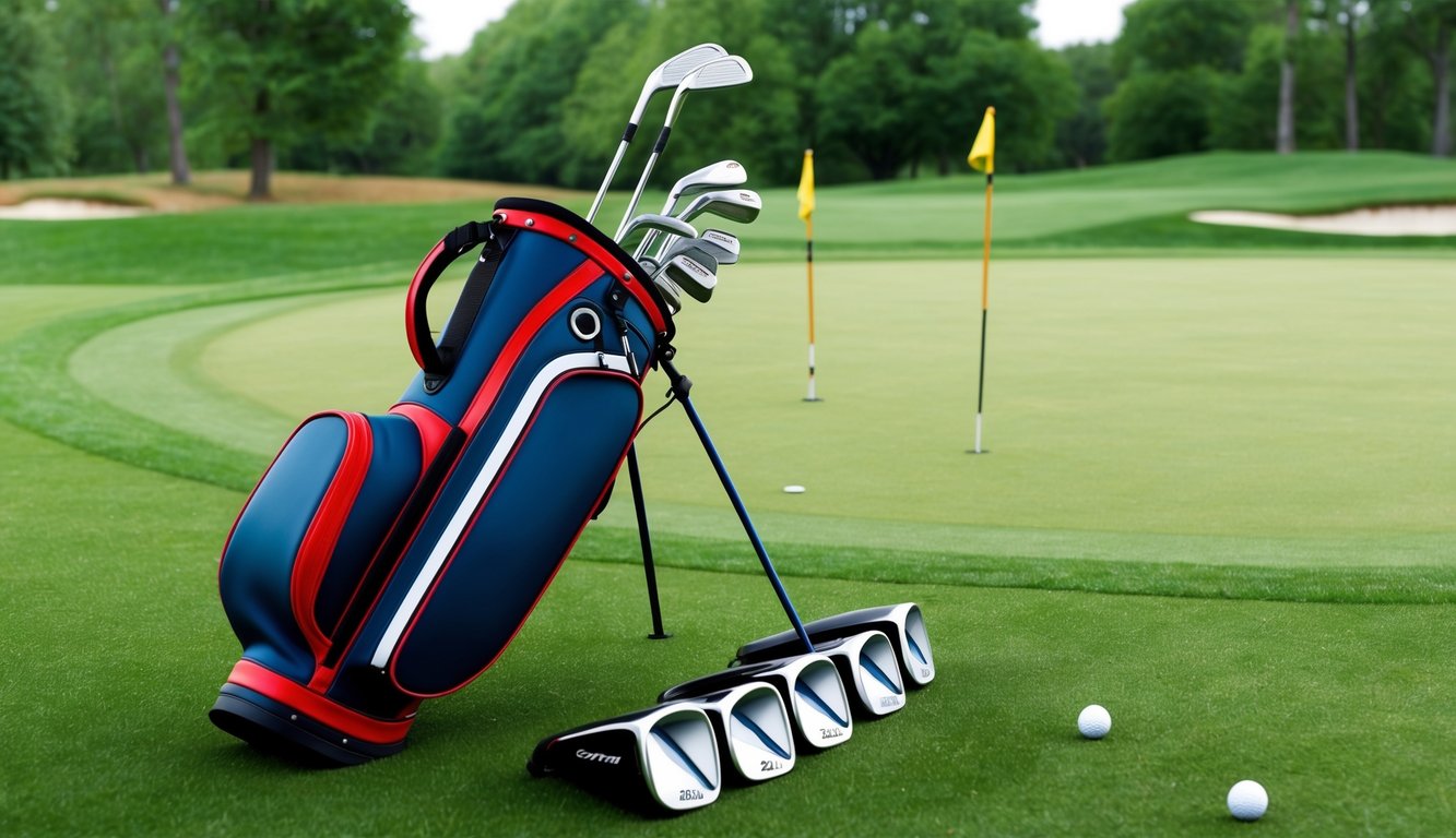 A golf bag with various clubs arranged neatly on a grassy course