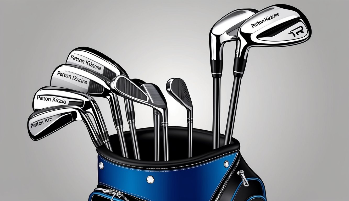 A golf bag stands open, revealing a set of shiny golf clubs, each carefully arranged and labeled with the name "Patton Kizzire."