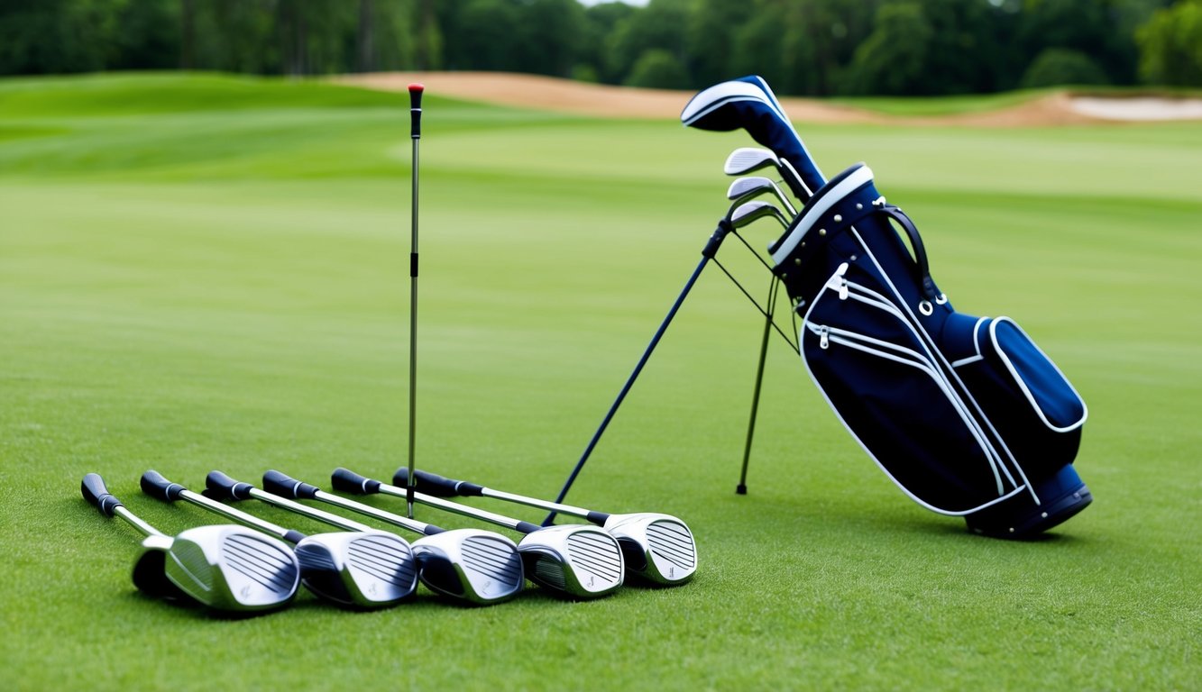 A set of golf clubs arranged neatly on a grassy field, with a golf bag standing upright nearby