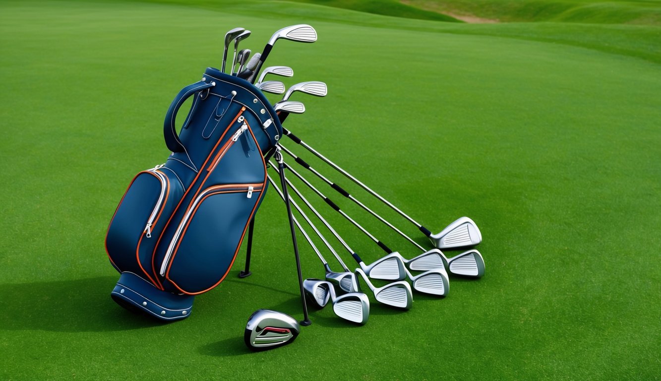 A golfer's bag with various clubs laid out neatly on the grass