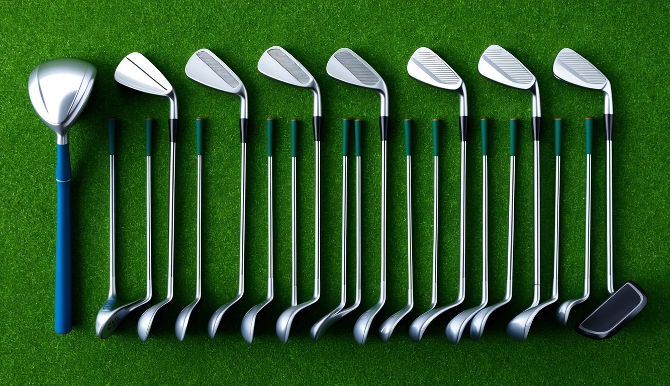 A set of golf clubs arranged neatly on a green grass background, with a driver, irons, wedges, and a putter laid out in a row