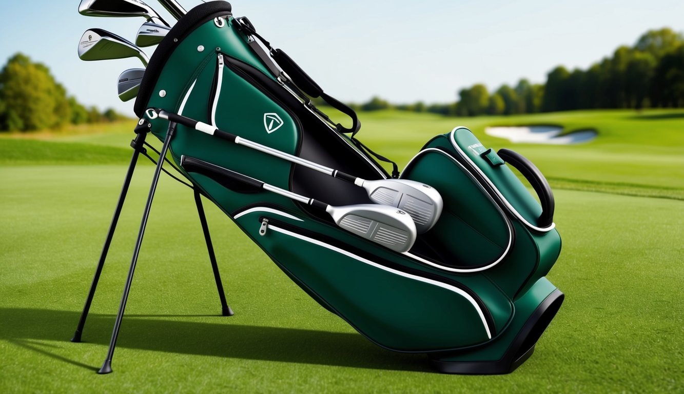 A golf bag open on a lush green fairway, revealing a set of drivers and woods neatly arranged inside