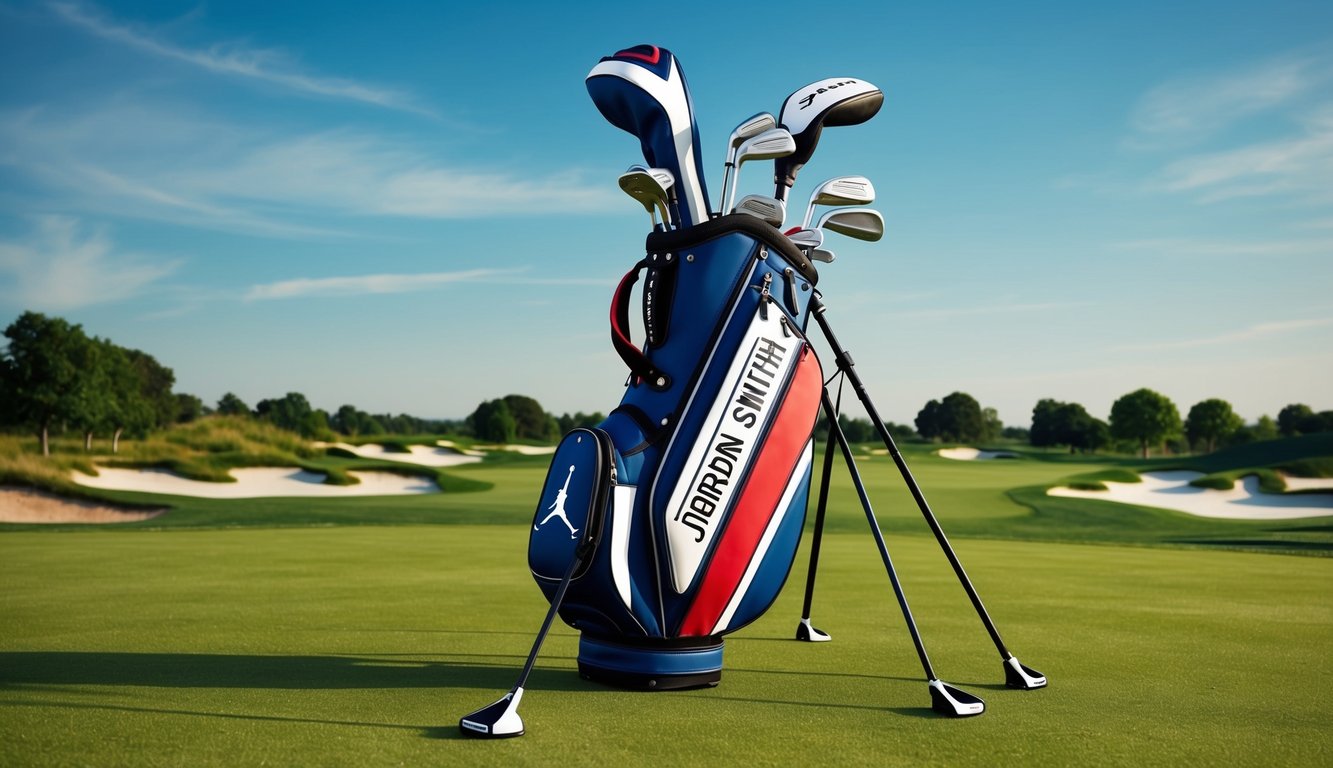 Jordan Smith's golf bag with various clubs laid out on a grassy course