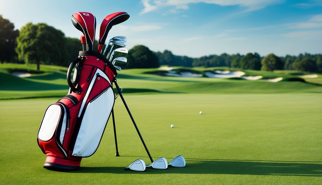 A golf bag with various clubs arranged neatly on a lush green course