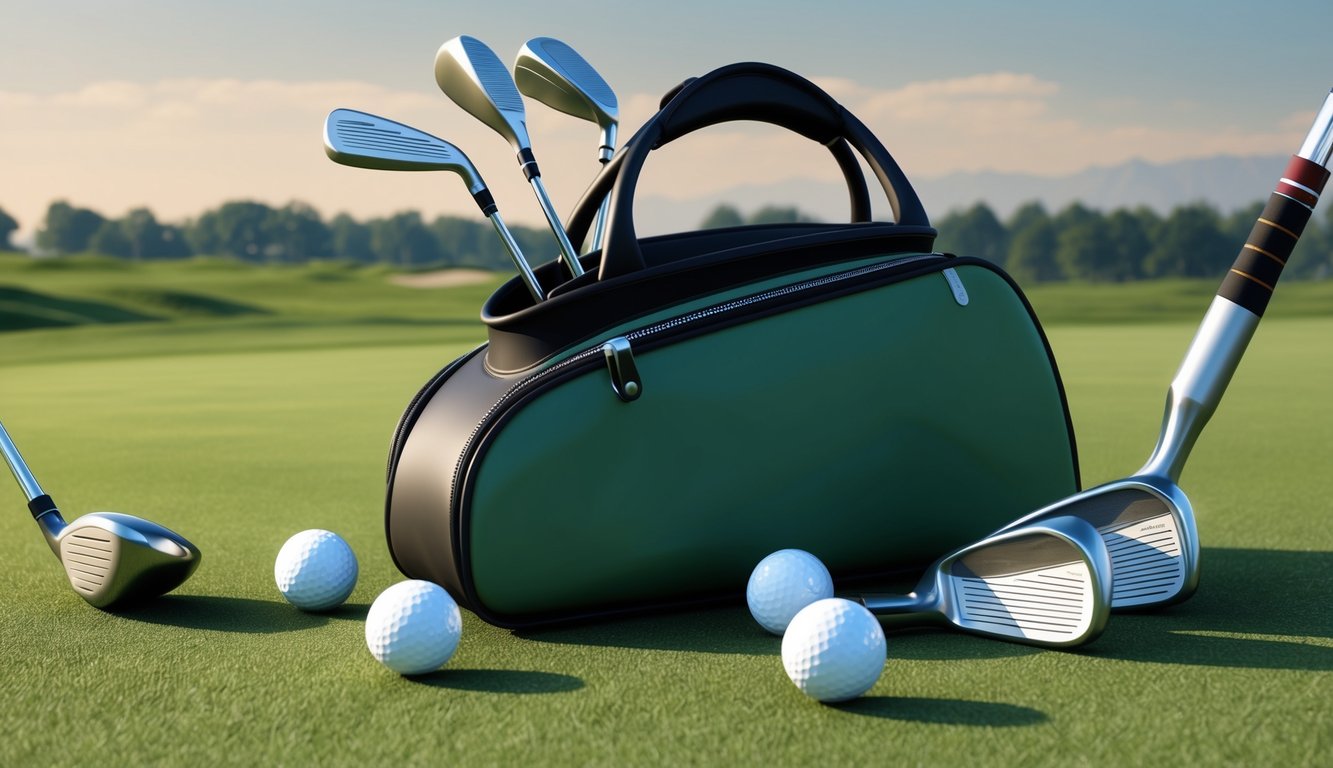 A golf bag with various clubs scattered around, a few golf balls on the ground