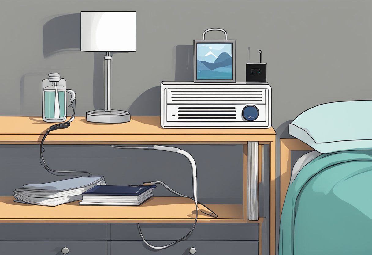 A bedroom nightstand with a sleep apnea device plugged into an outlet, next to a glass of water and a book