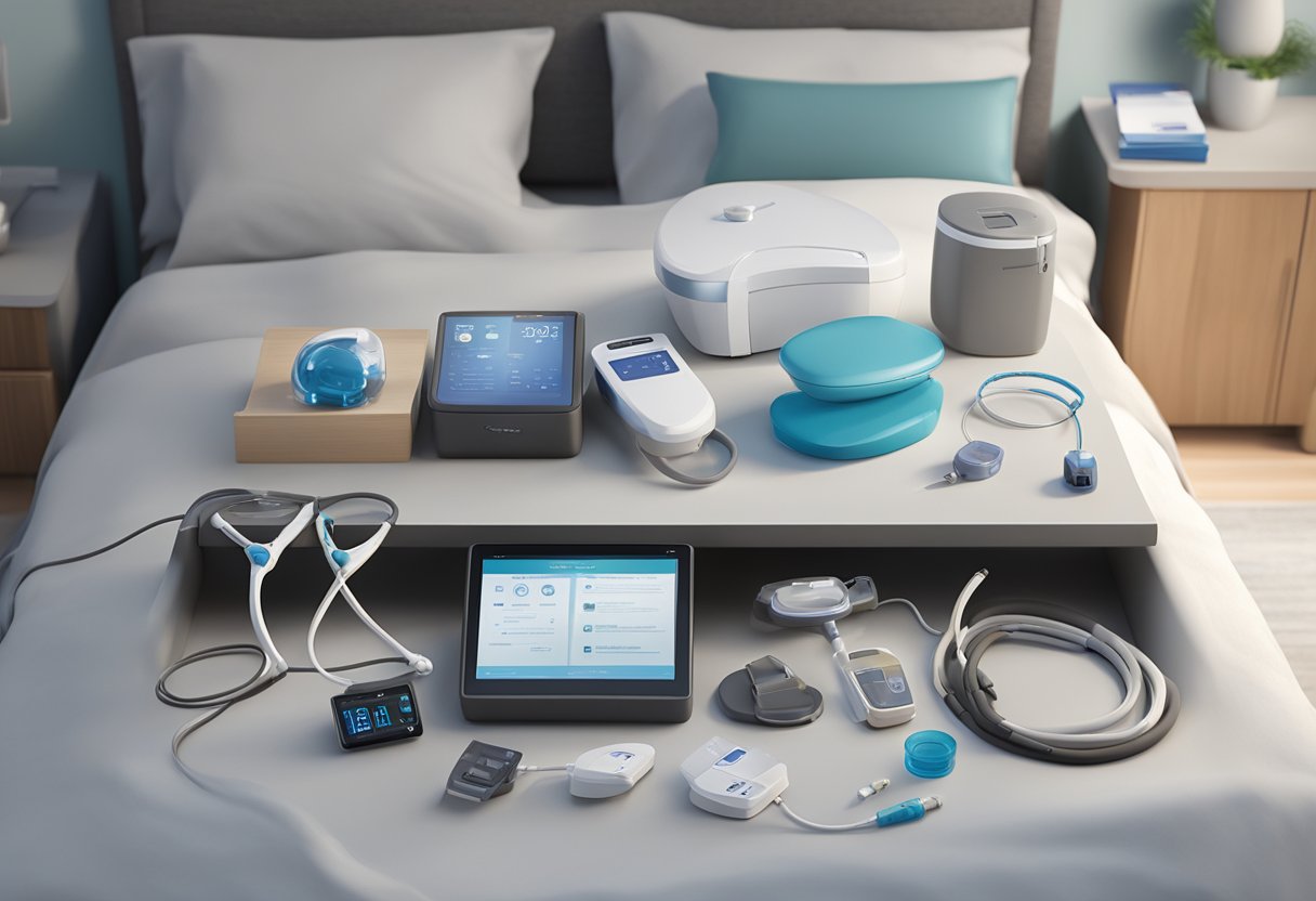 A bedside table with a variety of sleep apnea devices, including a CPAP machine, nasal pillows, and a mouthpiece, alongside informational brochures and treatment options