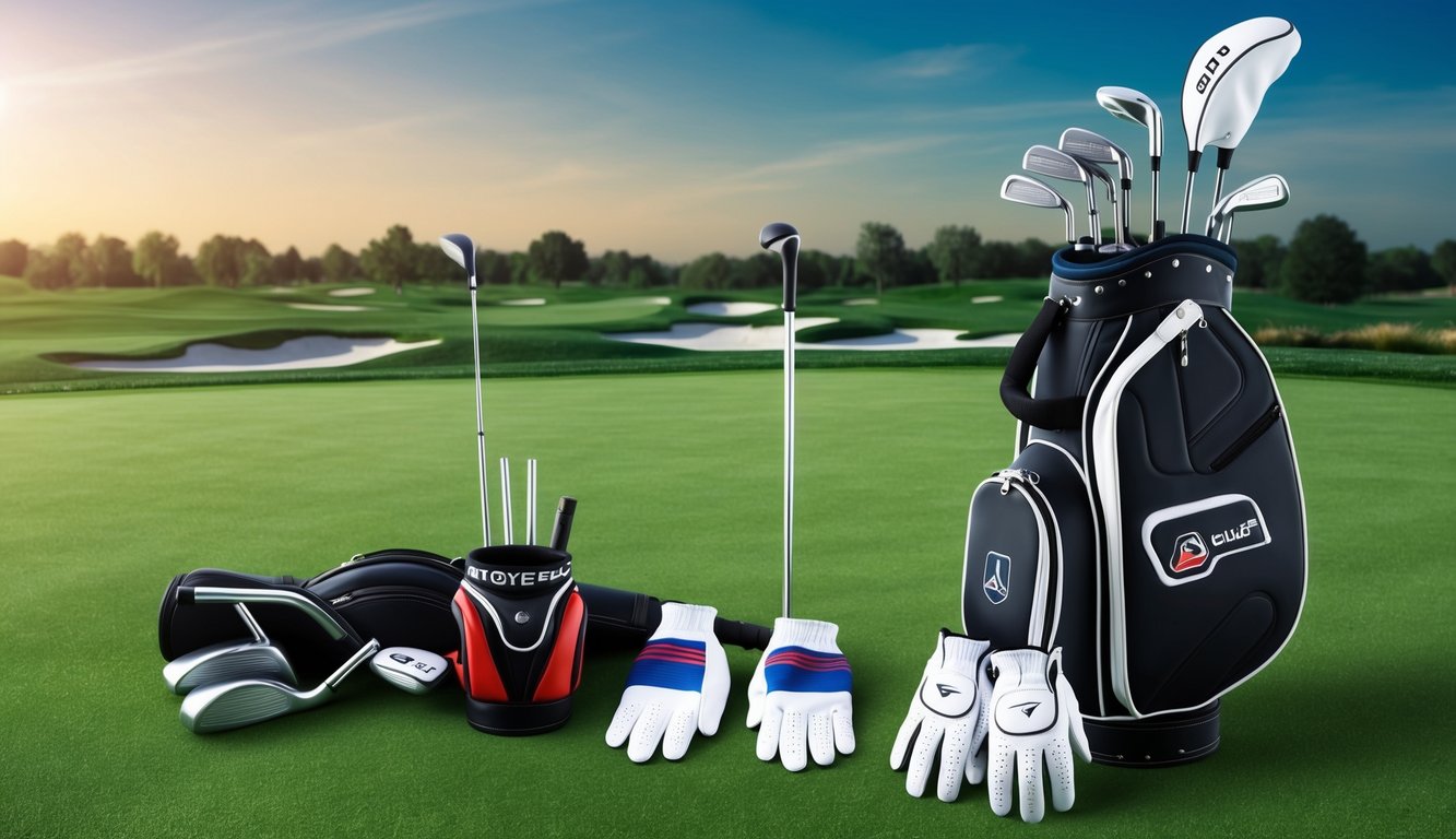 A golf bag with various clubs, gloves, and other accessories laid out on a grassy green with a golf course in the background