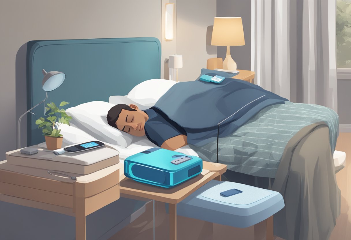 A person sleeping peacefully with a sleep apnea device on their bedside table, while a new, advanced sleep apnea management device is being unpacked and set up nearby