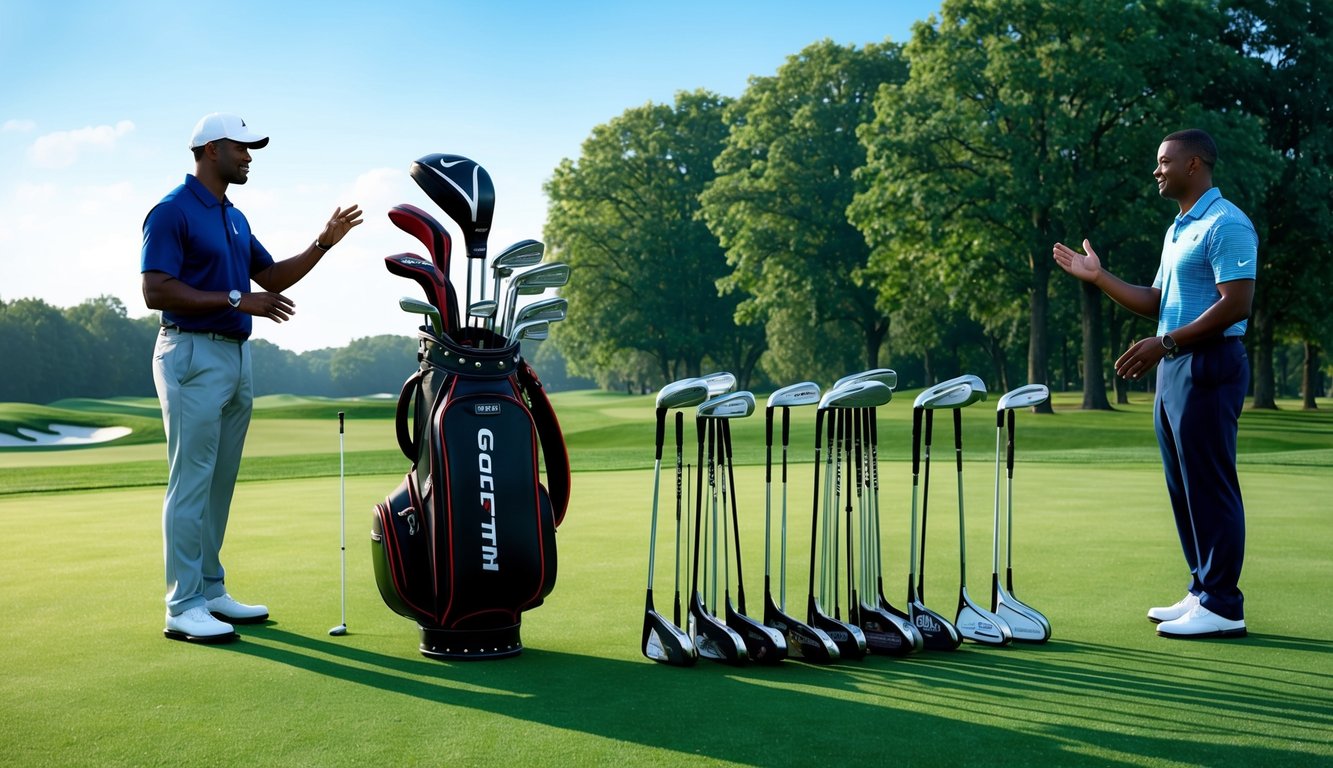 Jordan Smith's golf bag with various clubs laid out on a pristine green course. A coach stands beside, offering guidance