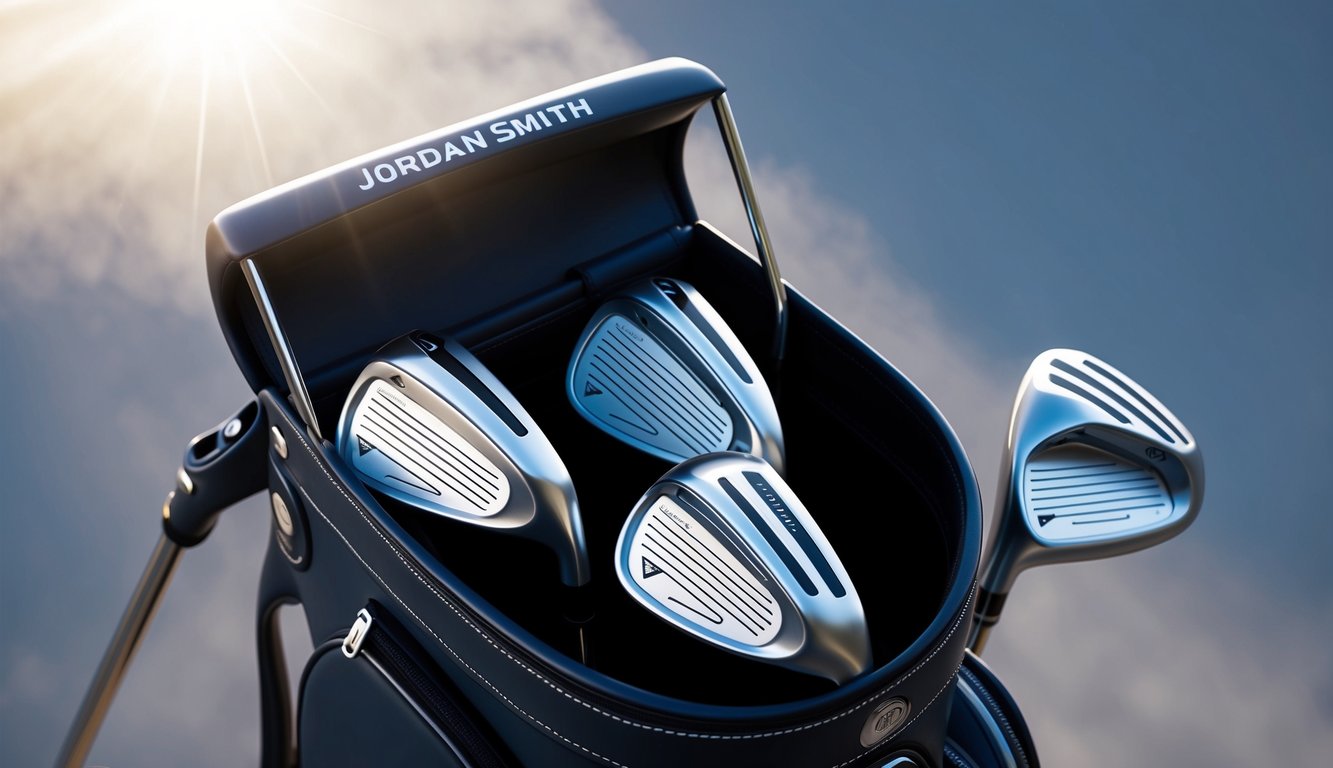 Jordan Smith's golf bag sits open, revealing a set of sleek, high-quality clubs arranged neatly inside. The sun glints off the polished metal, highlighting their precision craftsmanship