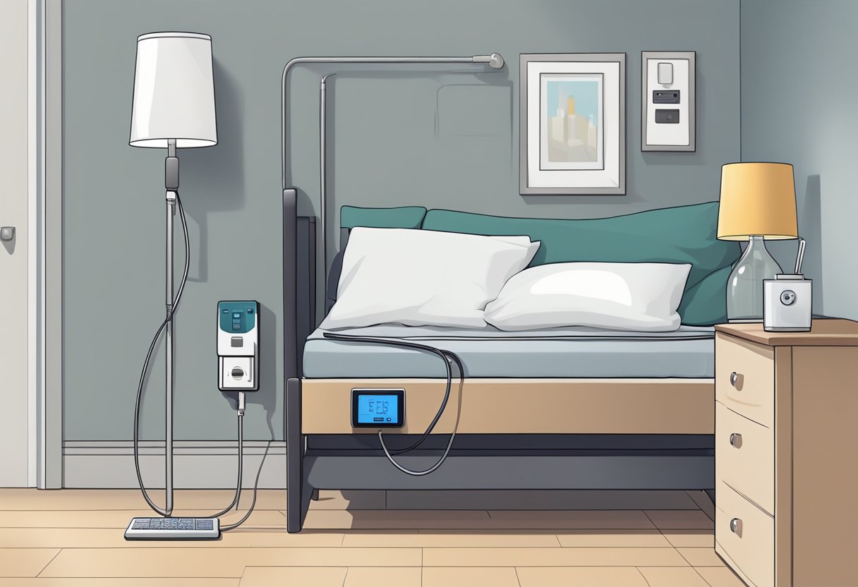 A bedside table with a sleep apnea device plugged into a wall outlet, next to a bed with a pillow and blanket