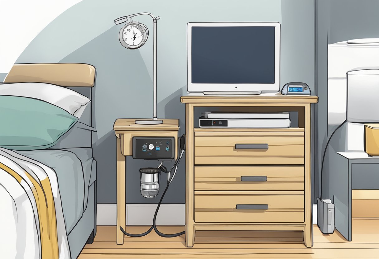 A bedroom nightstand with a sleep apnea device plugged in and ready for use