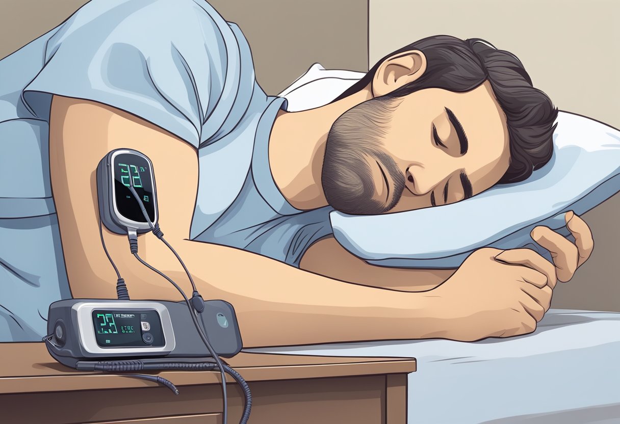 A person sleeping peacefully with a sleep apnea device on the bedside table, while a CPAP machine hums softly in the background