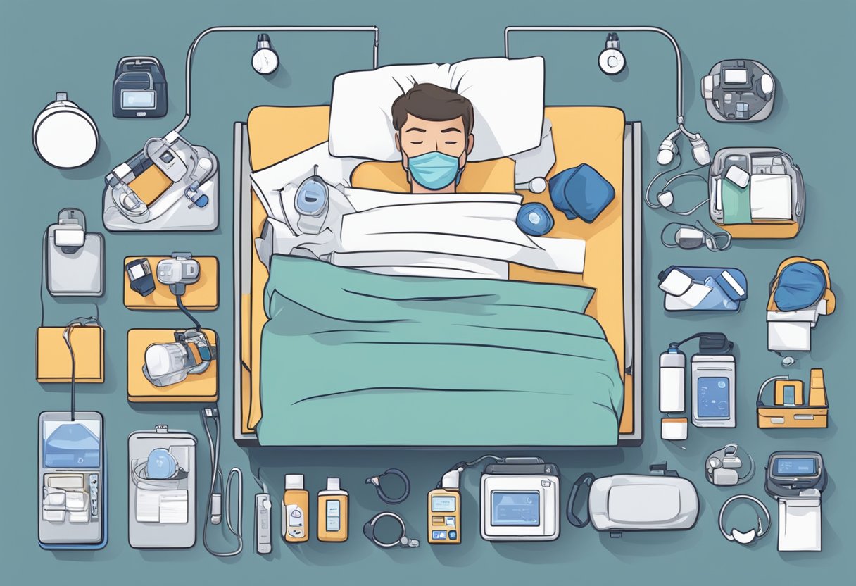 A person lying in bed with a sleep apnea device on the bedside table, surrounded by various treatment options like CPAP machines and mouthguards