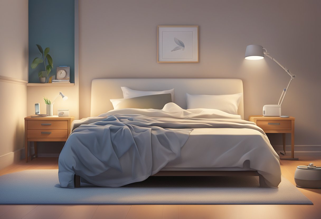 A peaceful bedroom with a bedside table holding a sleep apnea device, softly illuminated by a bedside lamp