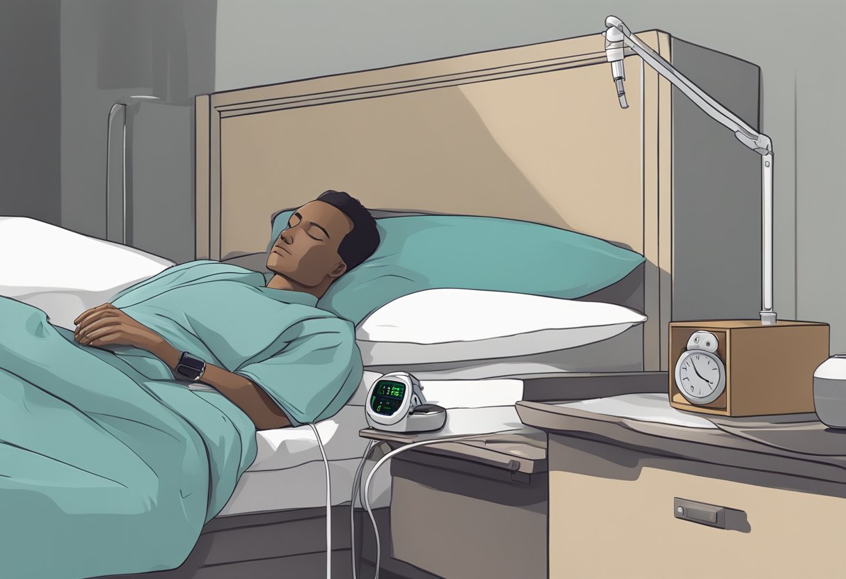 A person sleeping with a mouthpiece connected to a small device on the bedside table - Sleep Apnea Devices for Mouth