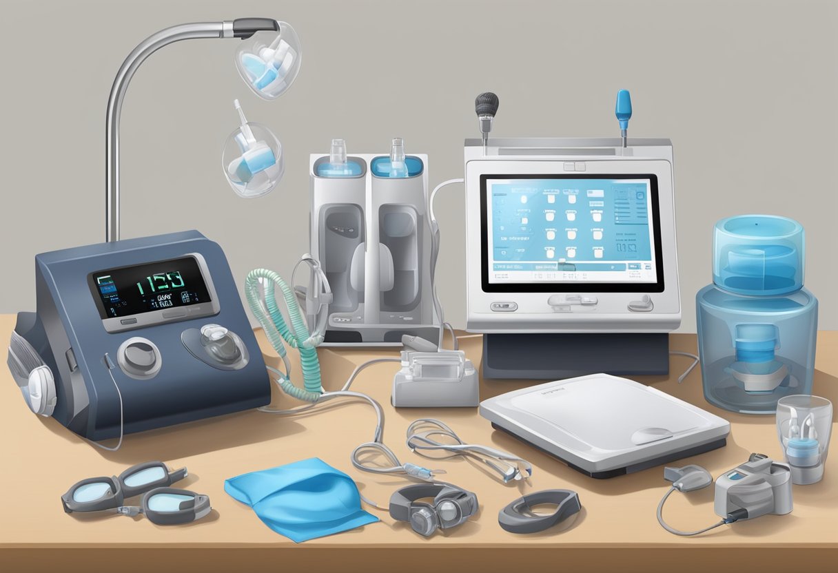 A bedside table with a variety of sleep apnea devices for the mouth, including CPAP masks and oral appliances