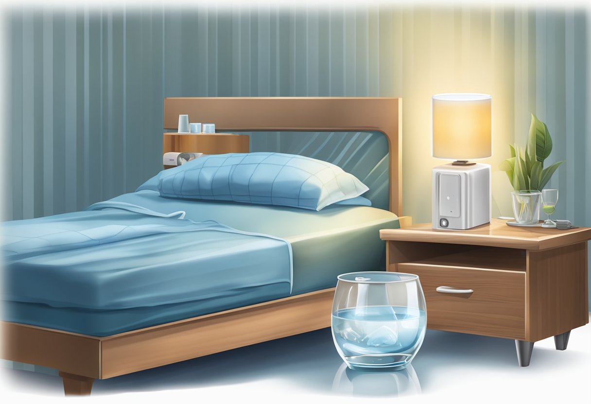 A bedside table with a sleep apnea mouth device, a glass of water, and a night light