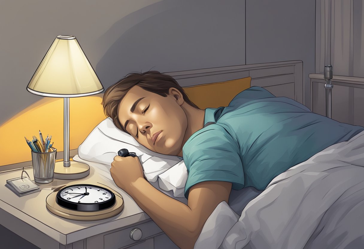 A person sleeping with a mouthpiece device in place, surrounded by a bedside table with a lamp and a clock