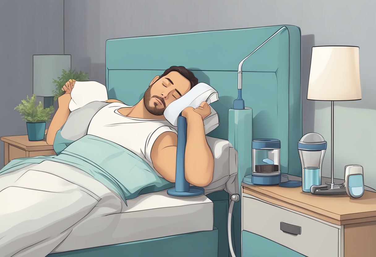 A person sleeping peacefully with a mouthpiece device for sleep apnea on a bedside table