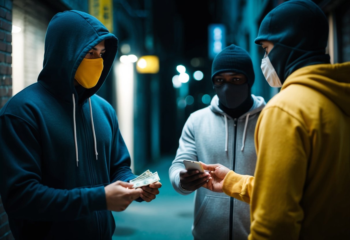 A figure in a hoodie exchanges cash for bitcoin with a masked seller in a dimly lit alleyway