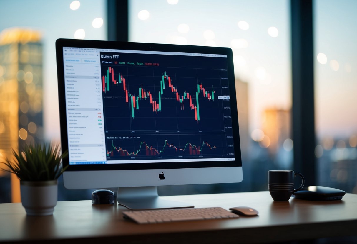 A computer screen displaying Bitcoin ETF charts and graphs