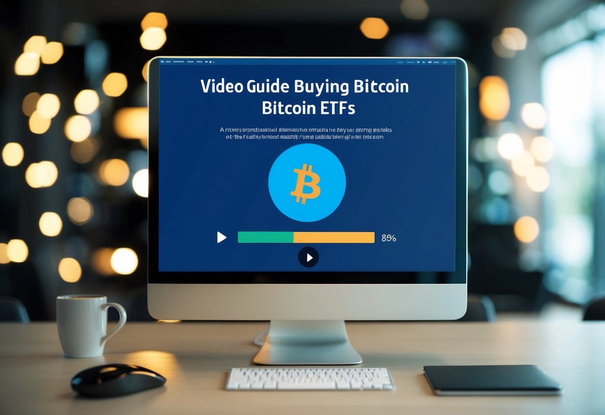 A computer screen displaying a video guide on buying bitcoin ETFs, with a play button and progress bar visible