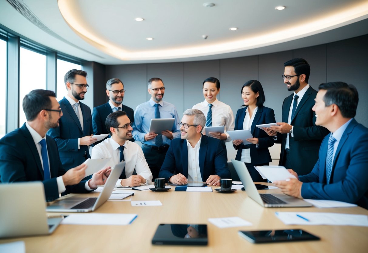 Un groupe de fournisseurs divers présente ses produits à un comité. Les prix et la qualité sont discutés dans une salle de conférence moderne.