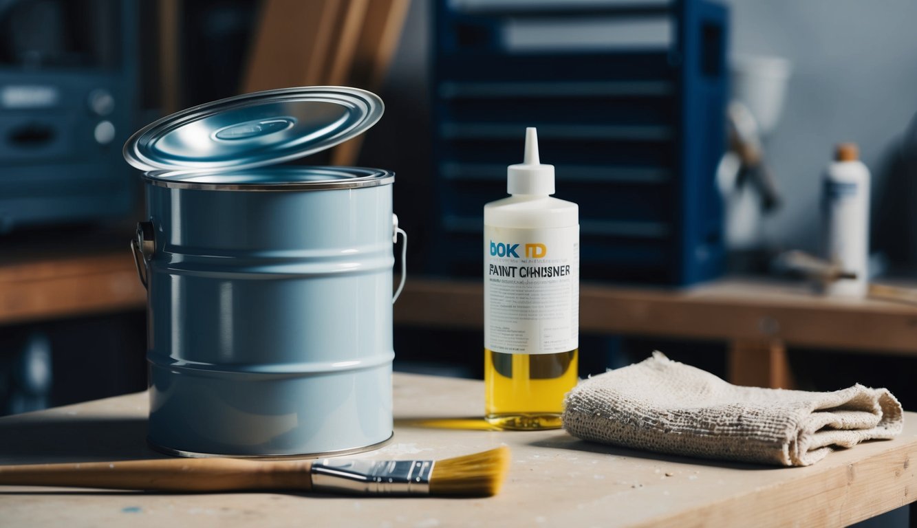 A paint can with open lid, paint thinner bottle, brush, and rag on a workbench