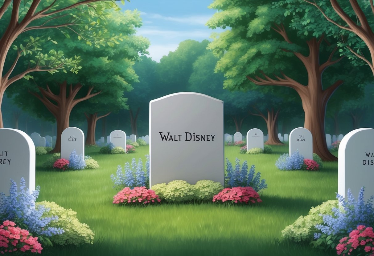 A serene graveyard with a simple headstone marked "Walt Disney" surrounded by flowers and trees