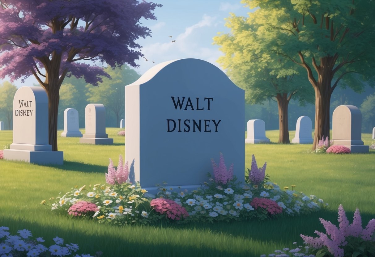 A tranquil graveyard with a simple headstone marked "Walt Disney" surrounded by flowers and trees