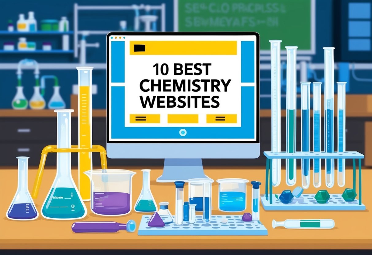 A laboratory table with various chemical compounds, test tubes, and beakers arranged neatly, with a computer screen displaying "10 Best Chemistry Websites" in the background