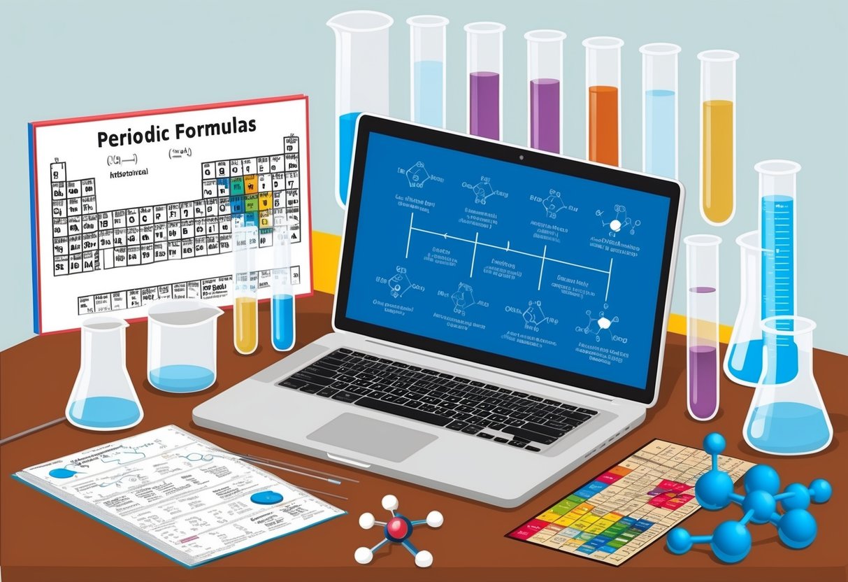 A laptop surrounded by test tubes, beakers, and chemical formulas.</p><p>A periodic table and molecular models sit nearby