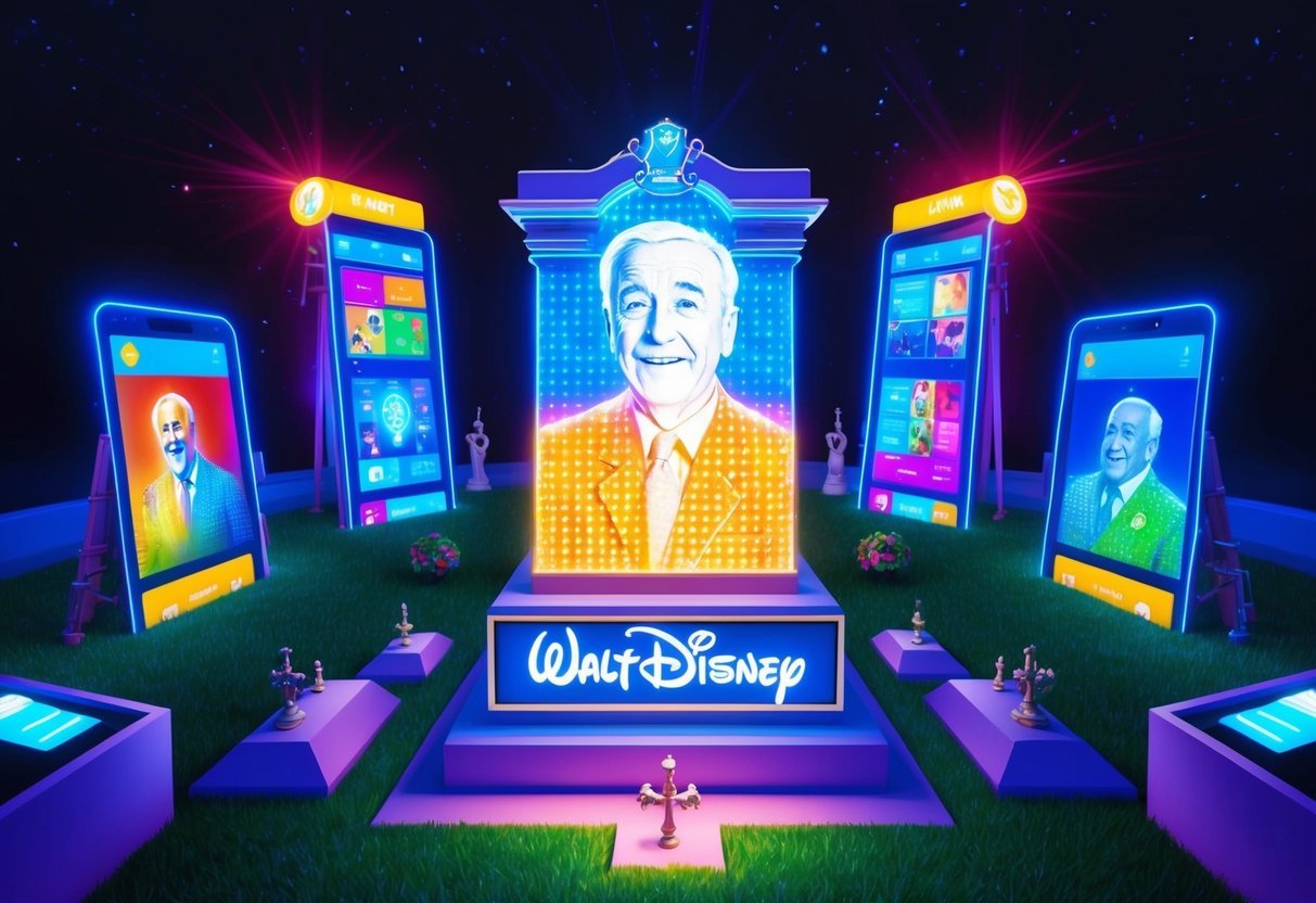 A vibrant digital display illuminates Walt Disney's grave, surrounded by interactive elements and engaging visuals