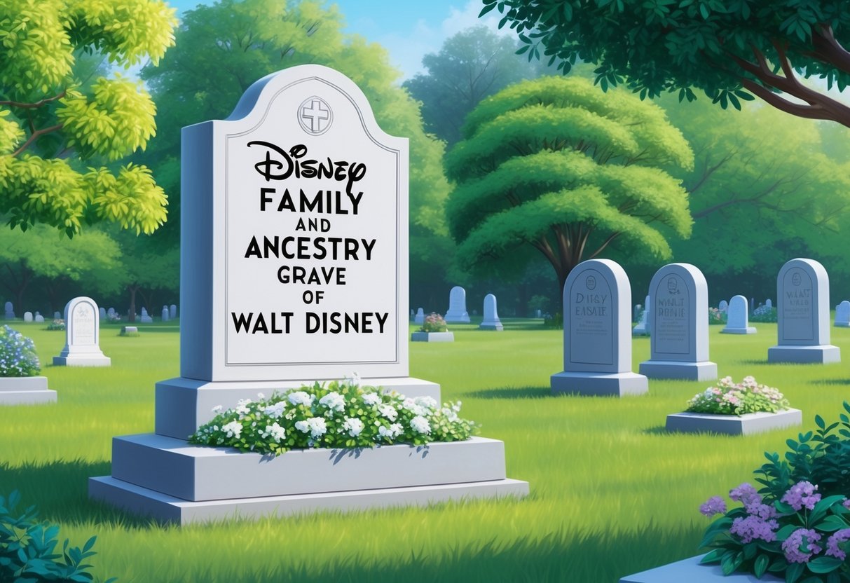 A serene graveyard with a prominent headstone marked "Disney Family and Ancestry Grave of Walt Disney" surrounded by lush greenery