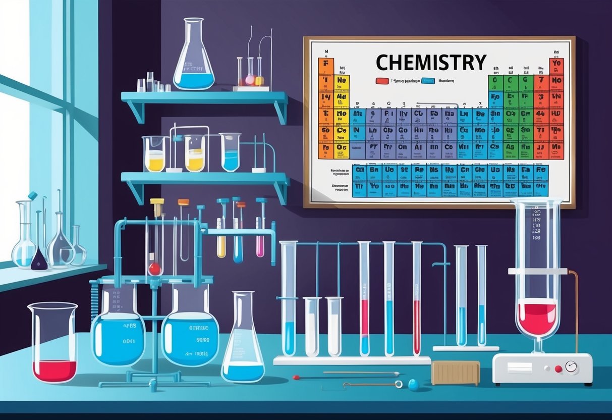 A chemistry laboratory with various equipment and tools, including beakers, test tubes, and a periodic table displayed on a wall