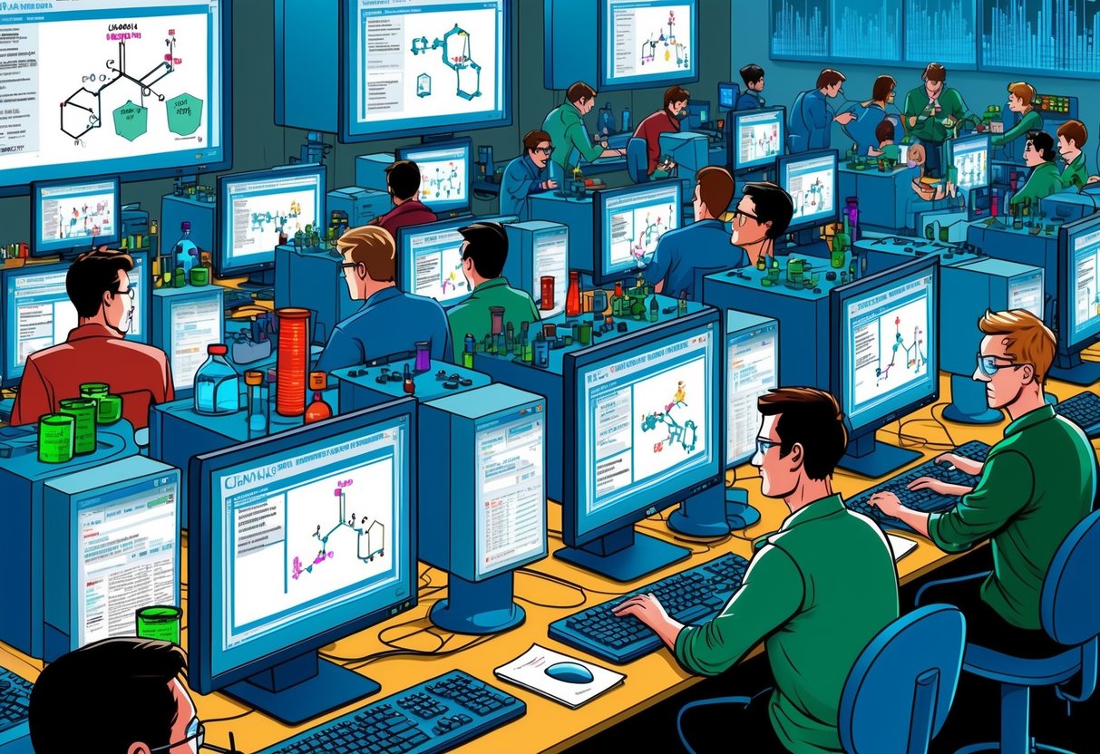 A crowded computer lab with multiple screens displaying chemical structures and data.</p><p>Students and researchers are engaged in studying and analyzing chemistry-related information