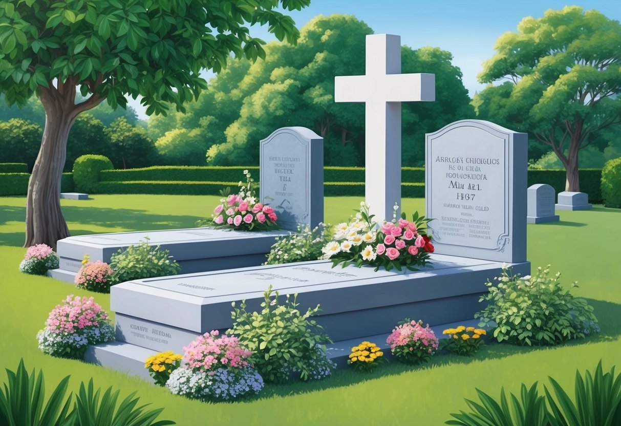 A serene, well-kept gravesite adorned with flowers and surrounded by lush greenery