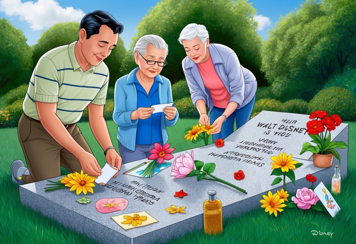 Visitors leaving flowers, drawings, and other mementos at Walt Disney's grave