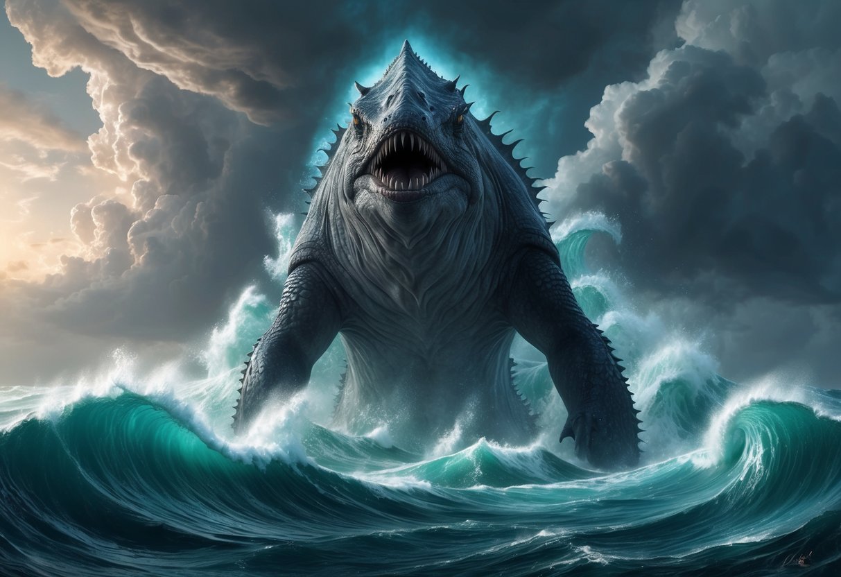 A massive sea creature rises from the depths, surrounded by swirling waves and ominous clouds